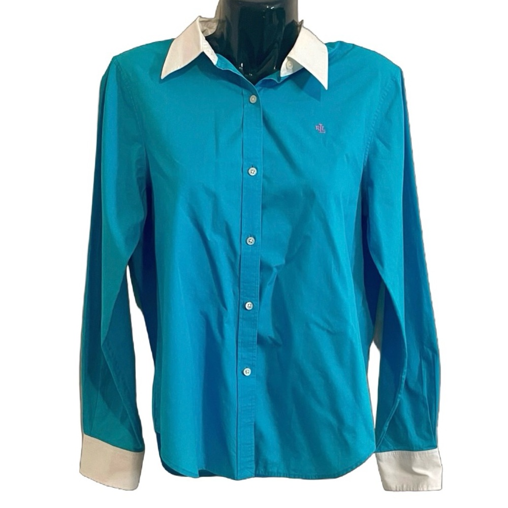 Vintage Lauren Ralph Lauren Turquoise Blue White Cuff Collar Button Down Y2K Sm